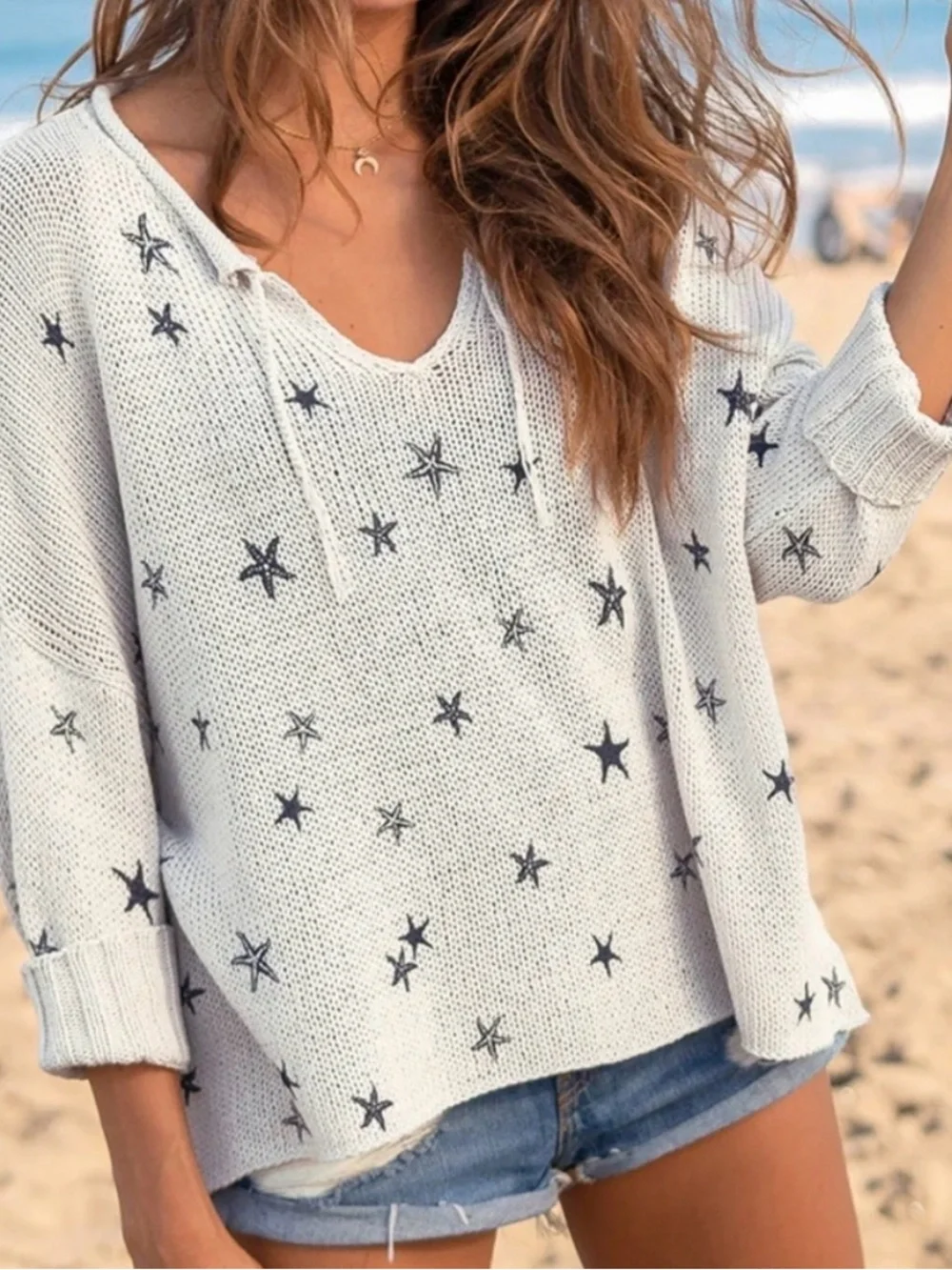 WOODEN SHIPS STARFISH SEA STAR Beach coastal SWEATER Sz MED / LARGE Beige Crop
